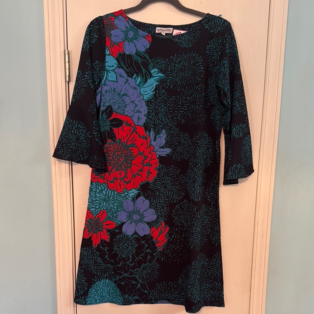 Red and Blue Dress with Bell Sleeves for Cocktail PA